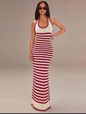 SHEIN Red & White Striped Backless Halter Maxi Dress